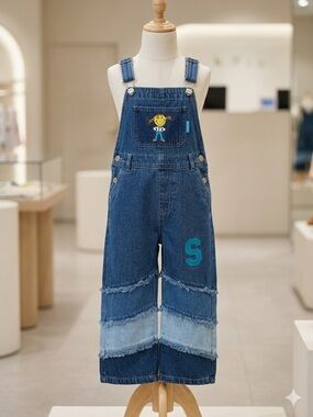 Kids Denim Overalls with Patch Pocket and 'S' Accent - Blue
